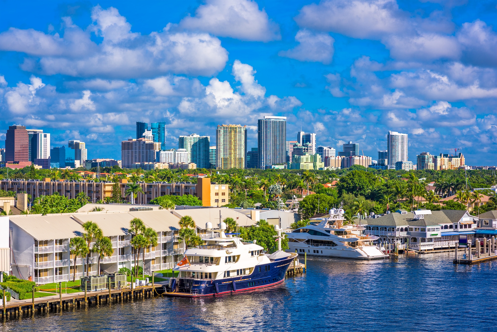 Fort Lauderdale, Florida skyline and waterfront with boats along the Intracoastal Waterway