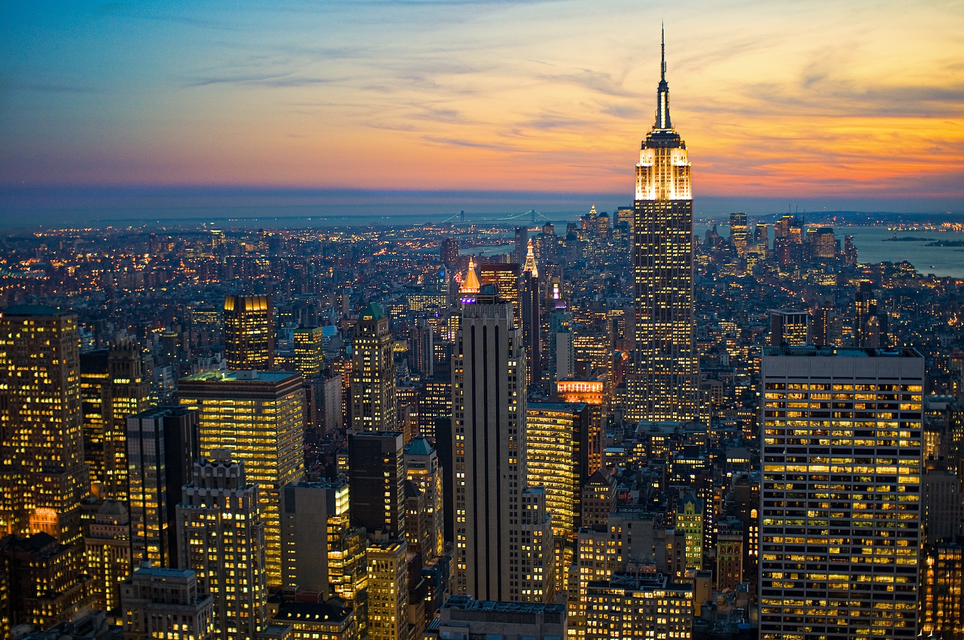 High-angle aerial view of Manhattan skyscrapers and city streets in New York City